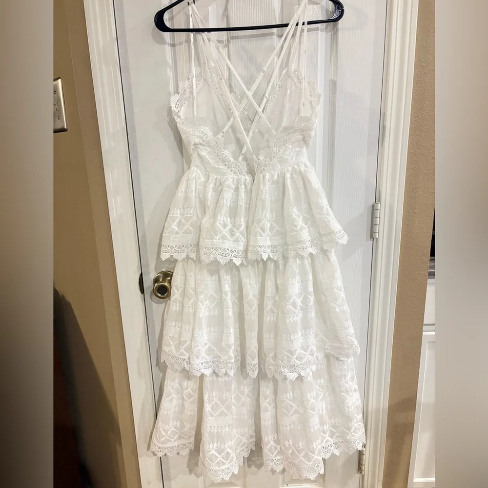 LULUS All Is Love White Tiered Midi Dress S Lace Bridal Shower Rehearsal Dinner - Picture 6 of 11